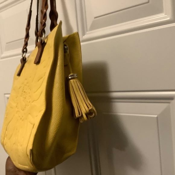 Brighton| Yellow Leather Handbag Embossed Flowers Tassels Casual Office Resort - Picture 4 of 15